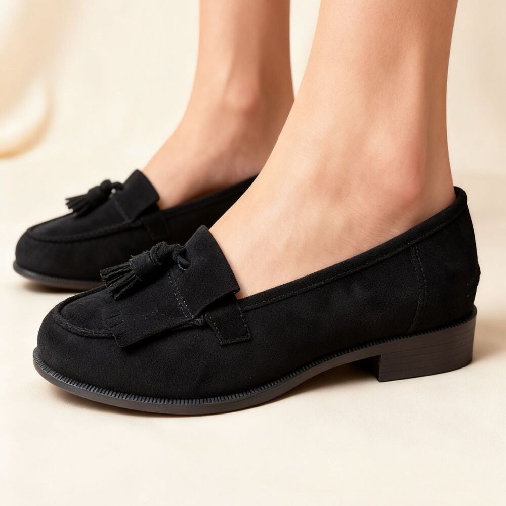 Womens Suede Tassel Loafers Black