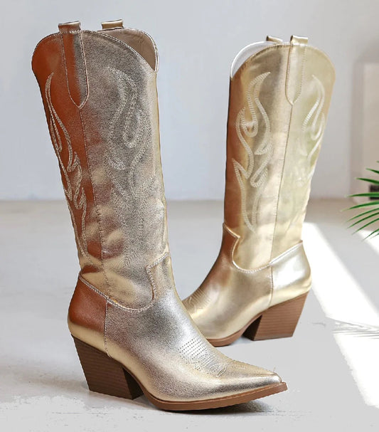 Women's Gold Embroidered Knee High Western Cowgirl Cowboy Boots