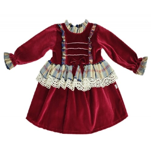 Girl's Burgundy Dress With Tartan Detail 