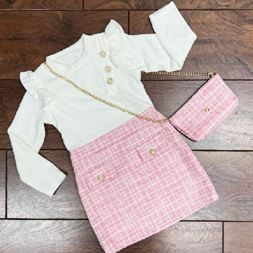 Girl's Pink And White Dress With Gold Detail Q678a