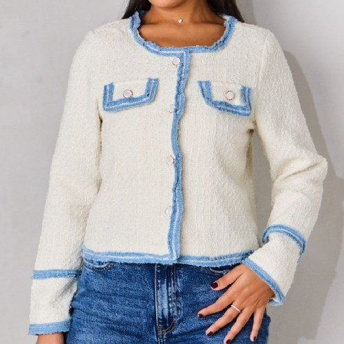 Womens Cream Jacket Tweed With Blue Pipeing