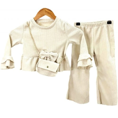 Girls Cream/Beige Tracksuit With Bow And Bag