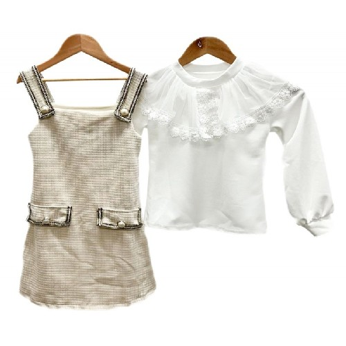 Girls Beige Dress With Large Colar Top
