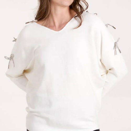 Women's White Jumper With Crystal Bows On Cut Outs