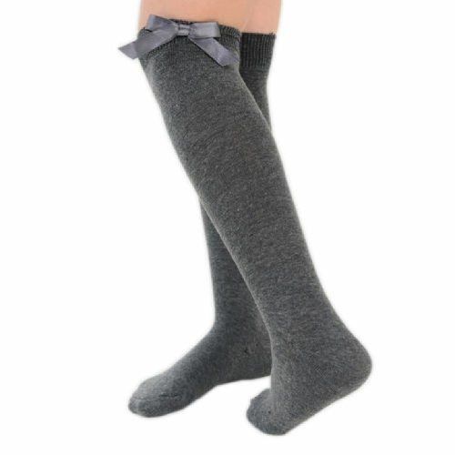 Girls Gray Knee High Socks With Bow Bigger Kids