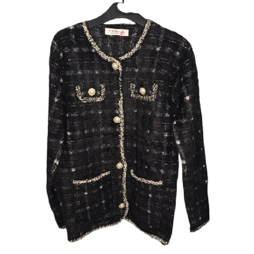 Girls Black And White Soft Cardigan With Pearl Buttons