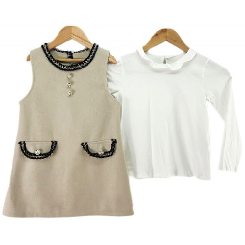 Italian Girls Beige Dress With Black And Gold Pipeing, Cream Top 2pc R893