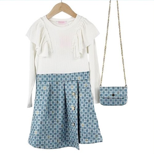Ivory/Blue Mosaic Ruffle Faux Skirt Dress & Bag