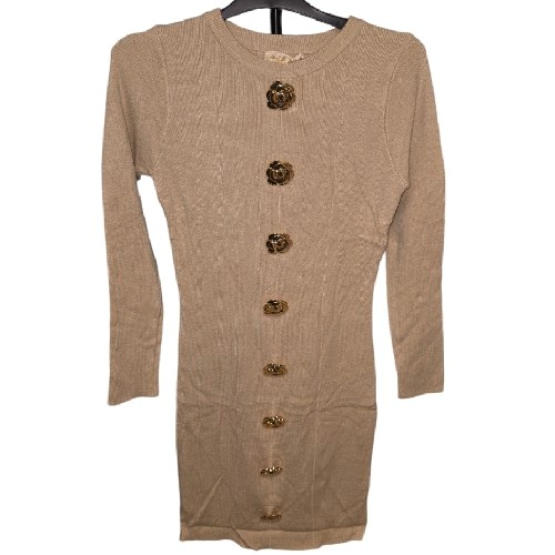 Womens Beige Bodycon Dress With Rose Metal Buttons