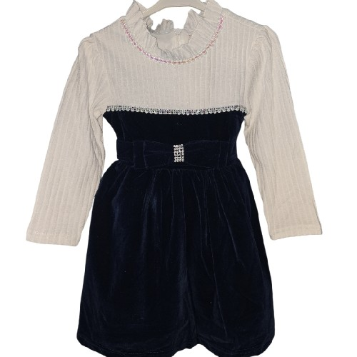 Girl's Navy And White Velvet Dress With Bow.