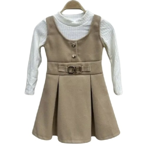 Girls Beige Dress Dress With Buckle With Top Cream Top