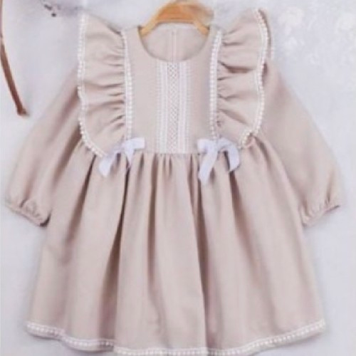 Girl's Beige And White Smock Style Dress R851