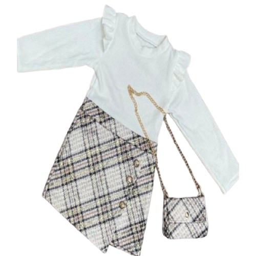 Girls Tartan Skirt Dress With White Top Matching Bag