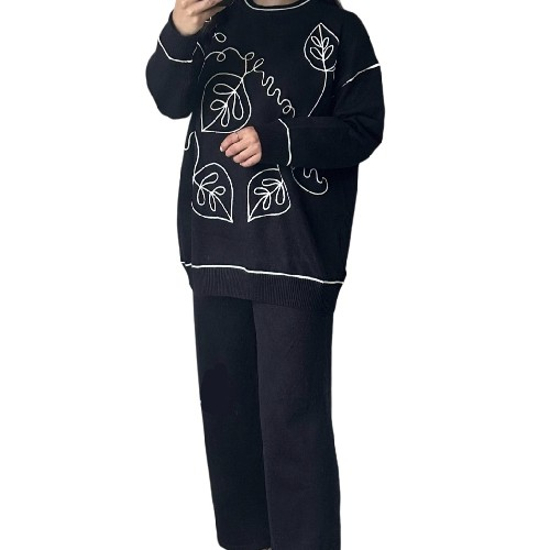 Womens Black And White Lounge Wear With White 3D Design