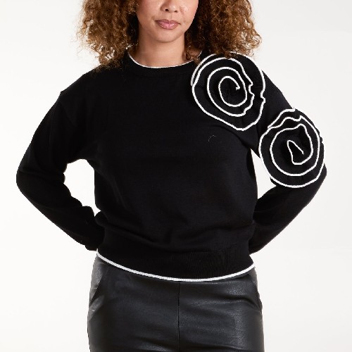 Womens Black Monochrome 3D Flower Jumper
