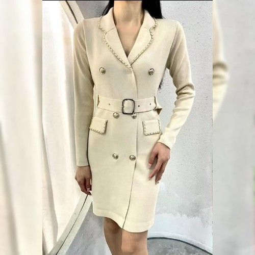 Womens In Luxury Beige Chain And Button Embellished Belted Knitted Dress