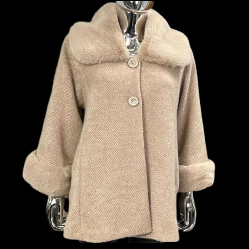 Womens Beige Poncho Blazer With Faux Fur