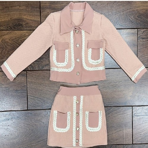 Girl's Pink 2pc Set Skirt And Jacket White Detailing 