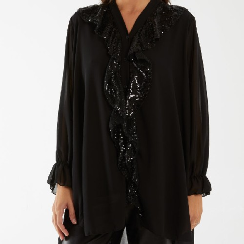 Womens Black Sequins Front Frill Blouse