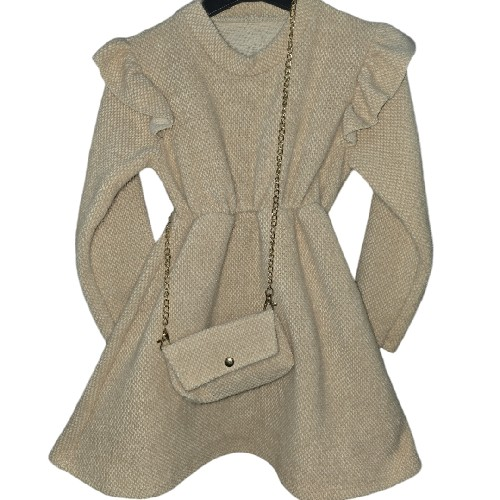 Girls Beige Woven Dress With Bag