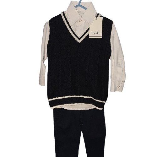Boys 3pc Set Navy And White Jumper, White Shirt And Navy Chinos