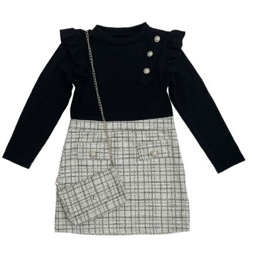 Girls Dress with Bag Black/Grey Tweed R805