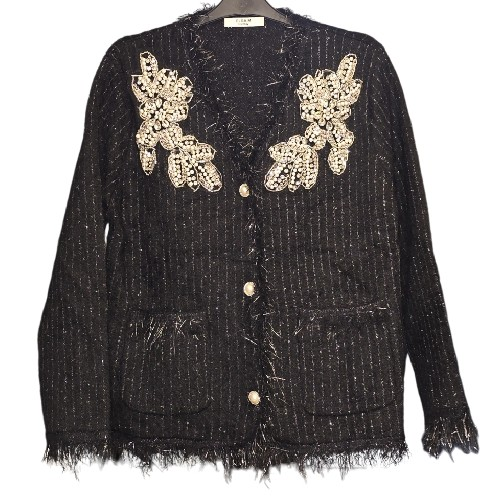 Womens Black And Silver Cardigan With Crystal Embellishment