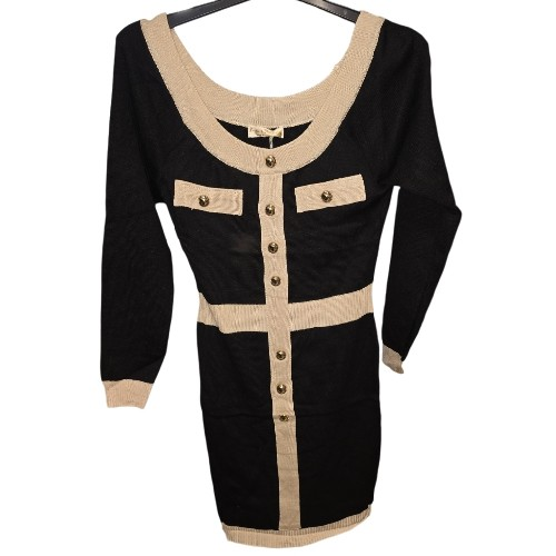 Womens Black And Beige Dress With Gold Buttons.