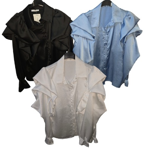 Womens Satin Blouse With Puff Shoulders 3 Colours One Size