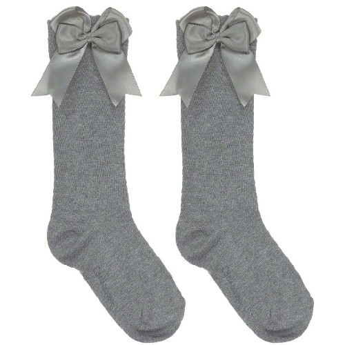 Girls Gray Knee High Socks With Bow.
