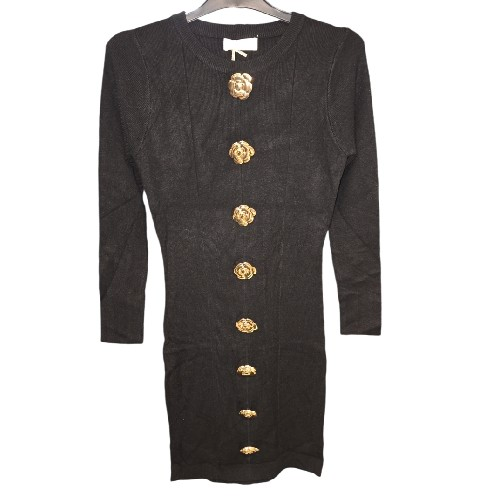 Womens Black Bodycon Dress With Rose Metal Buttons