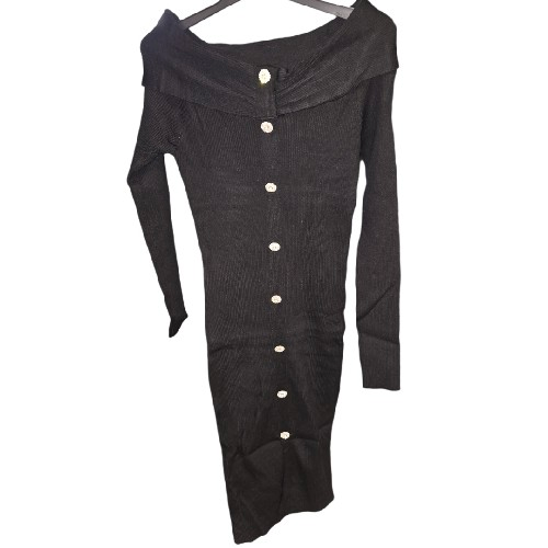 Womens Black Off The Shoulder Dress With Crystal Buttons Down The Front
