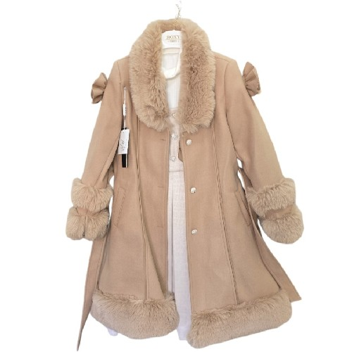 Girls Beige Coat With Faux Fur, Beige Dress And Roll Kneck Top