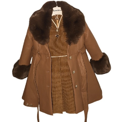 Girl's Faux Tan Leather Coat Faux Fur Trim, Tan Dress With Brooch
