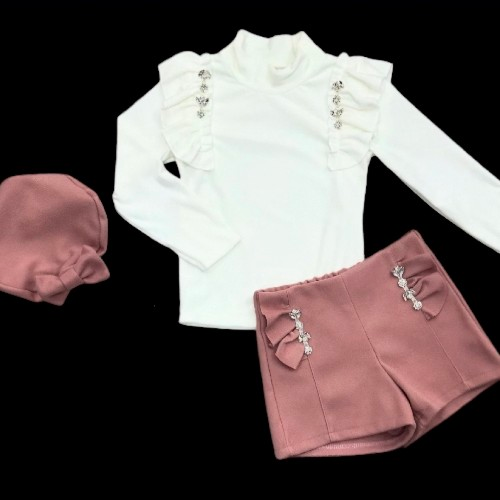 Girls 3 PC Pink Shorts With Cream Top And Hat.