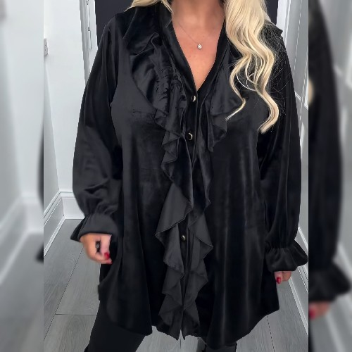 Womens Velvet Black Dress With Ruffle