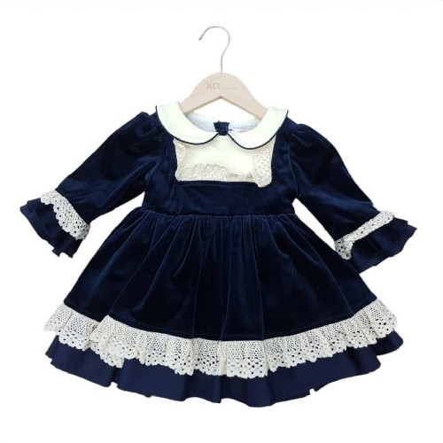 Girls Navy Velvet Laced Frill Dress