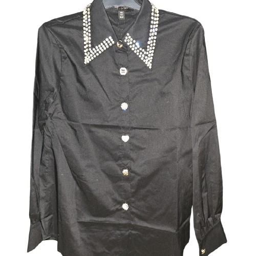 Womens Black Shirt With Crystals And Crystal Buttons