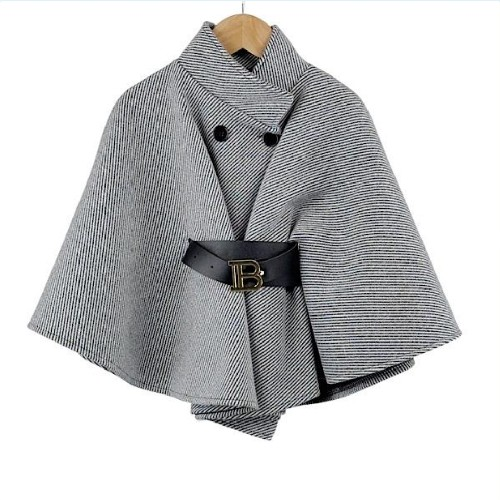 Girl's B Grey Woven Pinstripe Belted Cape Coat Age 4-14 (9260)