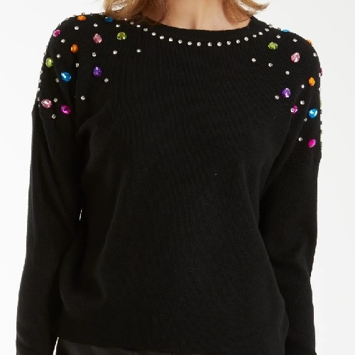 Womens Embellished Crystal Shoulder Black Jumper