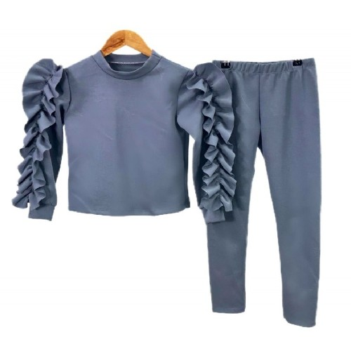 Girls Gray Tracksuit With Frilly Arm