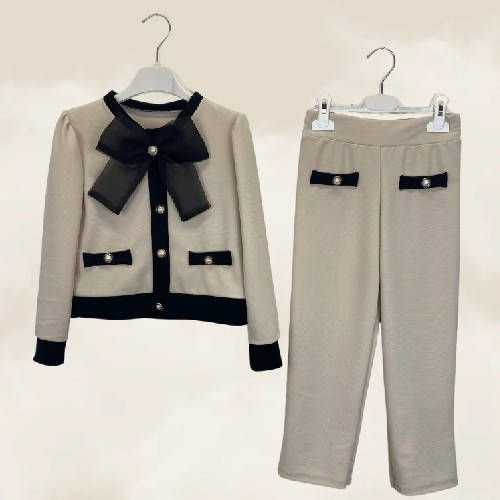 Girl's Beige And Black Tracksuit With Bow Pearl Buttons (9410)