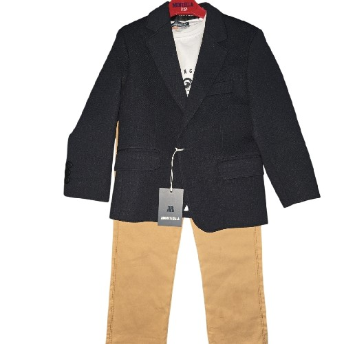 Boys Navy Blazer With Caramel Chinos White Tshirt.