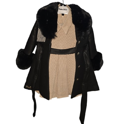 Girl's Faux Leather Coat With Faux Fur Trim Beige Dress