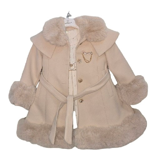 Girls Cream Coat With Faux Fur, Cream And Gold Dress