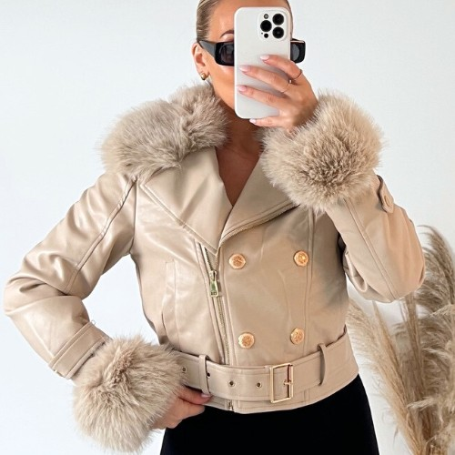 Womens Cream Faux Leather Fur Cuff Jacket.