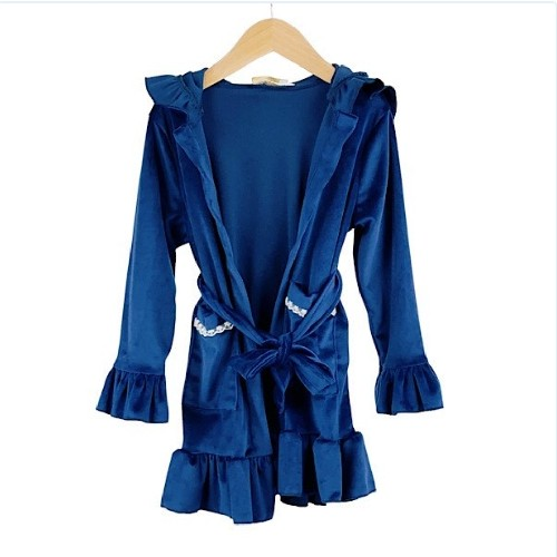 Girls Navy Velour Ruffle Xmas Night Robe
