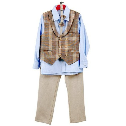 Boys 4pc Brown Tartan Waistcoat With Blue Shirt And Beige Trousers. (5145)