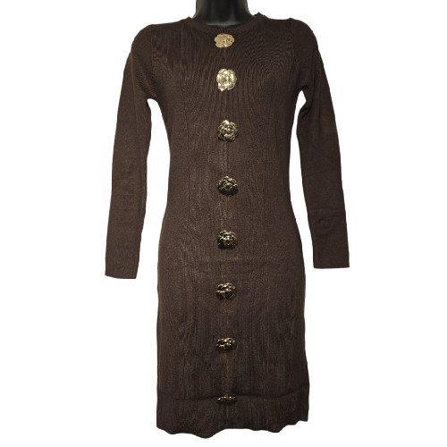 Womens Brown Bodycon Dress With Rose Metal Buttons