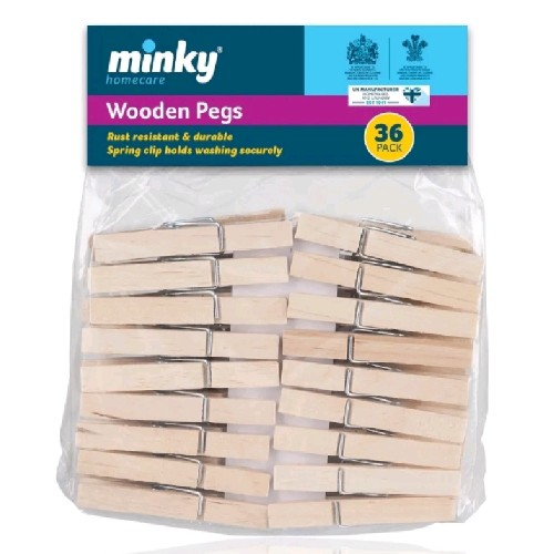 Minky Wooden Clothes Pegs Rust Resistant - 36 Pack